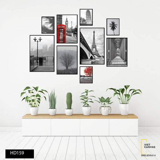Bộ 9 Tranh Tháp Eiffel, Tháp Big Ben, Tháp Nghiêng, Khu Phố Và Tranh Cây - HD159