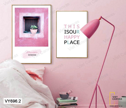 Bộ 2 Tranh Chậu Cây Bên Cửa Sổ Hồng Và Quotes - VY696.2
