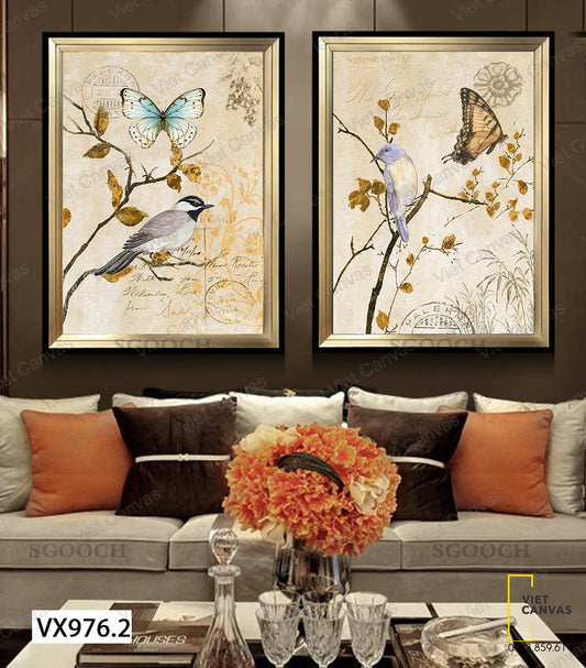 Bộ 2 Tranh Bướm Và Chim Trên Cây - VX976.2