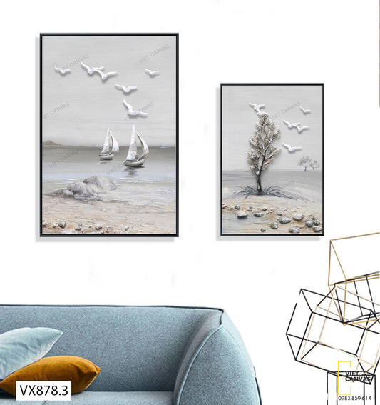 Bộ 2 Tranh Cánh Buồm Ngoài Xa Cùng Đàn Cò Trắng - VX878.3