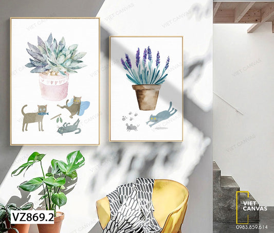 Bộ 2 Tranh Chậu Hoa, Sen Đá Và Những Chú Mèo Tinh Nghịch - VZ869.2