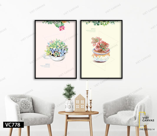 Bộ 2 Tranh Chậu Sen Đá Đầy Màu Sắc - VC778
