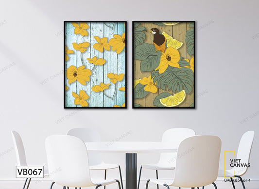 Bộ 2 Tranh Chú Chim Đậu Trên Cành Bông Vàng - VB067