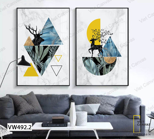 Bộ 2 Tranh Hươu Và Hình Học Xen Lá - VW492.2