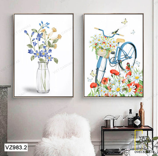 Bộ 2 Tranh Lọ Hoa, Hoa Nở Rộ Bên Đường Và Giỏ Xe - VZ983.2