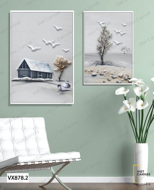 Bộ 2 Tranh Ngôi Nhà Và Đàn Cò Trắng - VX878.2
