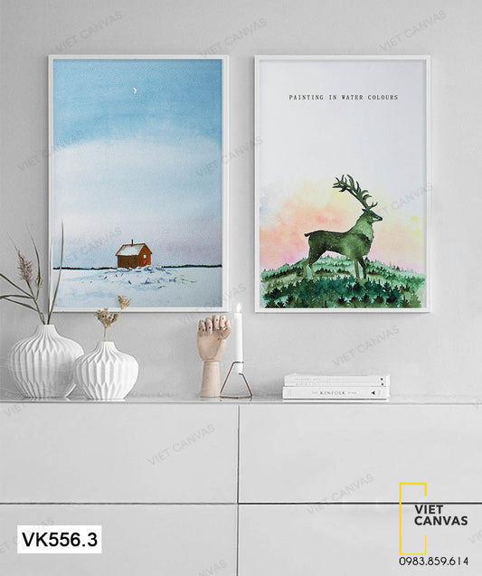 Bộ 2 Tranh Nhà Giữa Sa Mạc Tuyết Và Hươu - VK556.3