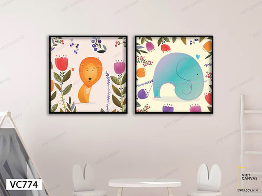Bộ 2 Tranh Sư Tử Và Voi Xanh - VC774