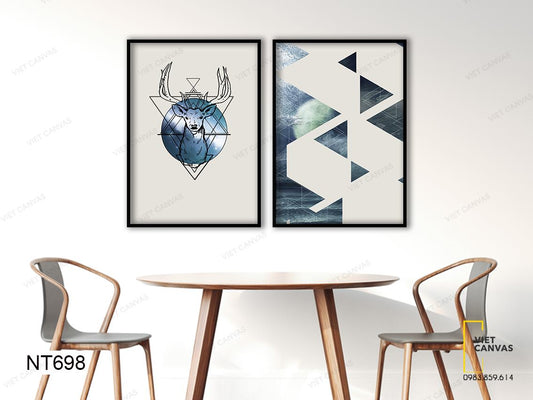 Bộ 2 Tranh Sừng Hươu Và Trừu Tượng Màu Xanh - NT698
