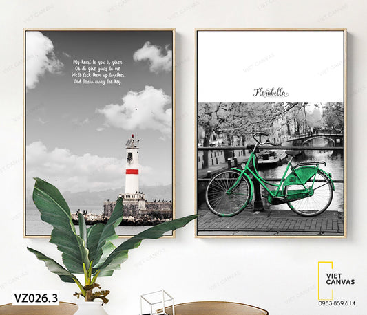 Bộ 2 Tranh Xe Đạp Màu Xanh Và Ngọn Hải Đăng - VZ026.3
