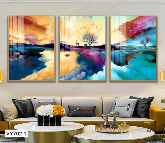 Bộ 3 Tranh Mây Trời Và Hươu - VY702.1