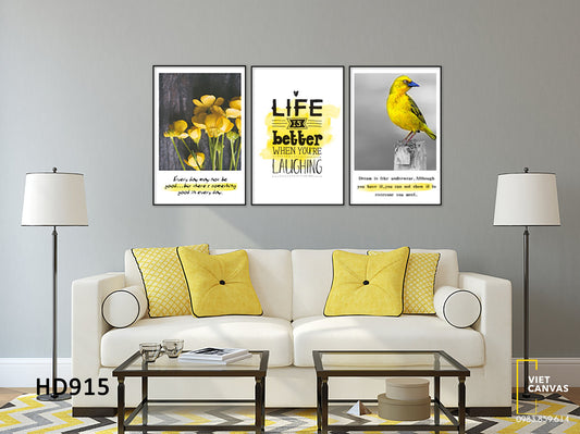 Bộ 3 Tranh Nhánh Hoa, Chú Chim Và Quotes - HD915