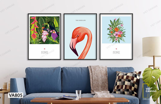 Bộ 3 Tranh Sắc Màu Hoa Lá Và Hồng Hạc - VA805