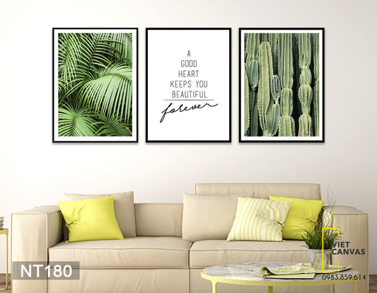 Bộ 3 Tranh Lá Cây Xanh, Xương Rồng Và Quotes A Heart Good Keeps You Beautiful - NT180