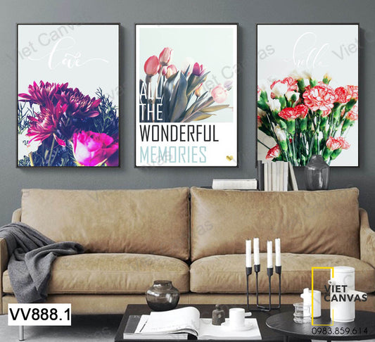 Bộ 3 Tranh Hoa Cúc, Tulip Và Mẫu Đơn - VV888.1