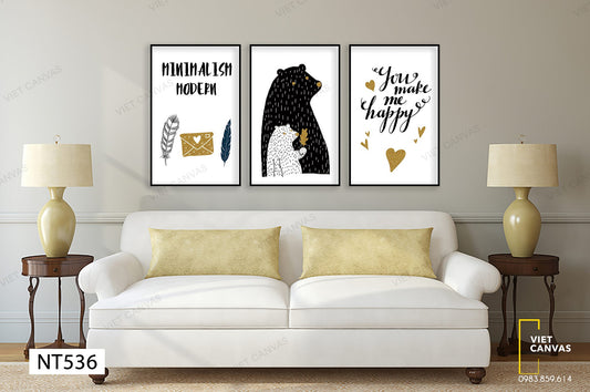 Bộ 3 Tranh Chú Gấu, Cánh Lông Vũ Và Quotes- NT536