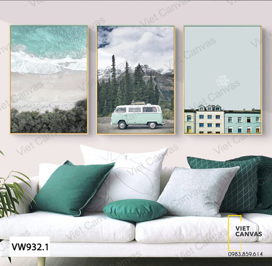 Bộ 3 Tranh Biển, Chiếc Xa Và Nhà - W932.1