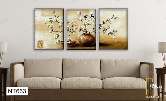 Bộ 3 Tranh Bình Bông Tĩnh Vật - NT663