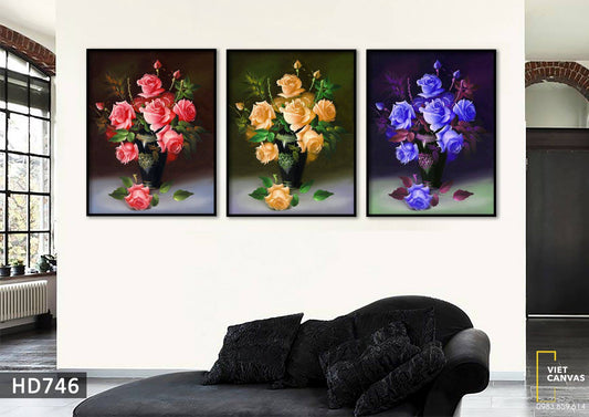 Bộ 3 Tranh Bình Hoa Hồng Tam Sắc - HD746