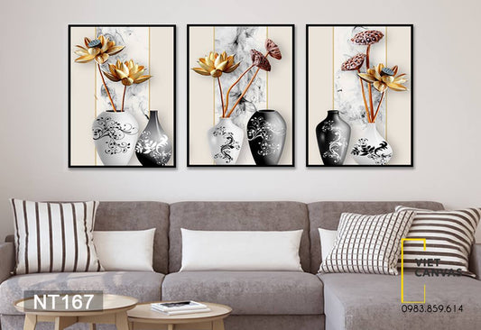 Bộ 3 Tranh Bình Hoa Sen Vàng - NT167