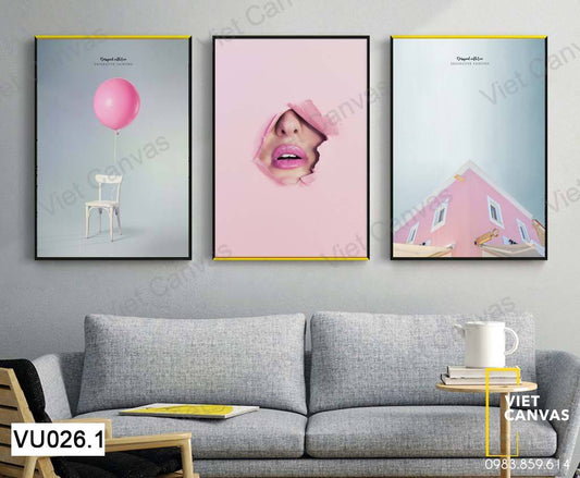 Bộ 3 Tranh Bóng Bay , Đôi Môi Và Ngôi Nhà Màu Hồng - VU026.1