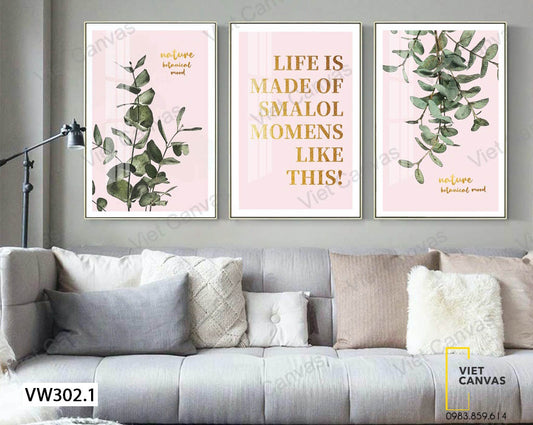 Bộ 3 Tranh Lá Cây Xanh Và Quotes - VW302.1