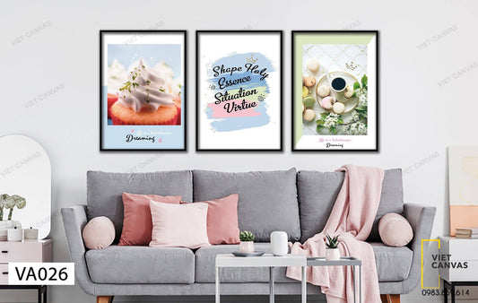 Bộ 3 Tranh Bánh Su Kem, Tách Trà Và Quotes - VA026