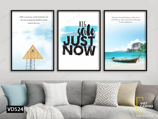 Bộ 3 Tranh Cảnh Biển Trời Bao La, Bầu Trời Chim Bay Và Quotes - VD524