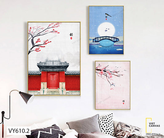 Bộ 3 Tranh Cành Đào, Hoa Trước Cổng Và Cây Cầu Nhỏ - VY610.2