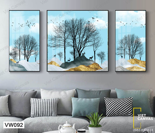 Bộ 3 Tranh Cây, Đàn Hươu Và Chim - VW092