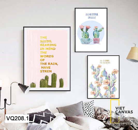 Bộ 3 Tranh Cây Hoa Xương Rồng Và Quotes - VQ208.1