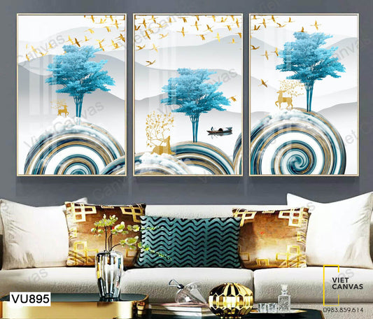 Bộ 3 Tranh Cây Và Dòng Sông - VU895