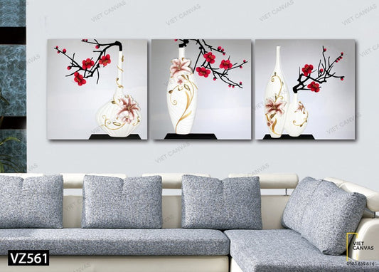 Bộ 3 Tranh Chậu Đào Đỏ Rực - VZ561