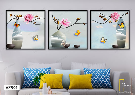 Bộ 3 Tranh Chậu Hoa Và Bướm - VZ591