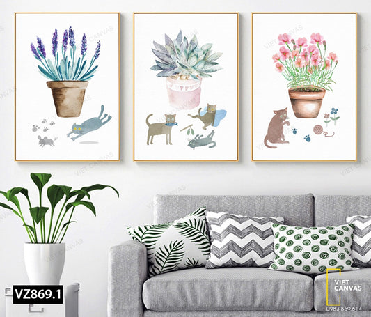 Bộ 3 Tranh Chậu Hoa, Sen Đá Và Những Chú Mèo - VZ869.1