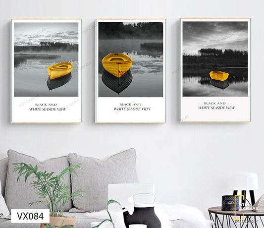 Bộ 3 Tranh Chiếc Thuyền Vàng trên Sông - VX084