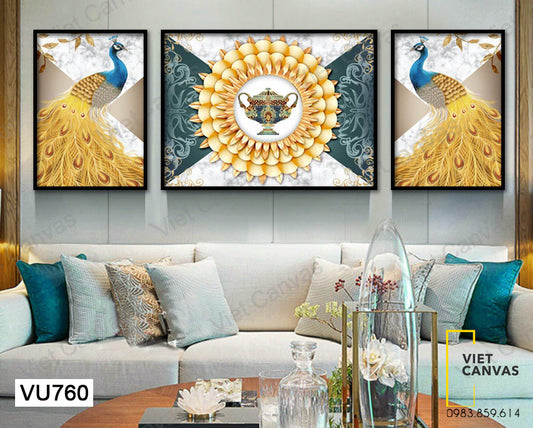Bộ 3 Tranh Chim Công Và Bình Cổ - VU760