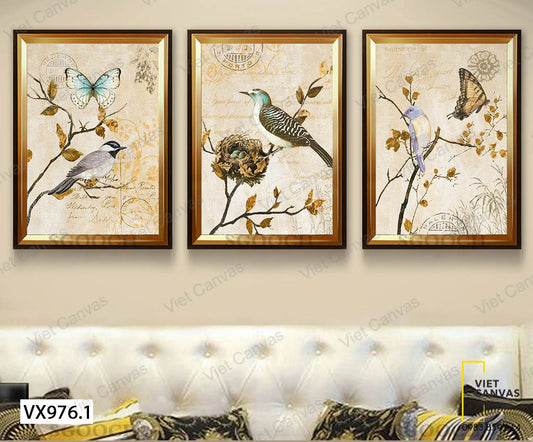 Bộ 3 Tranh Chim Và Bướm Đậu Trên Cành Cây - VX976.1