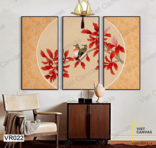 Bộ 3 Tranh Chú Chim Và Cành Cây Lá Đỏ - VR022