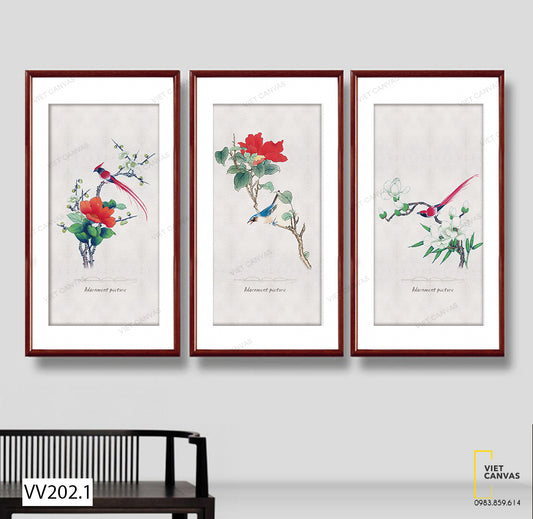 Bộ 3 Tranh Chú Chim Đậu Trên Cành Hoa - VV202.1
