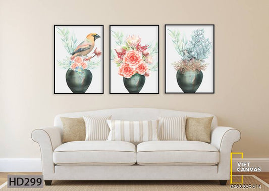 Bộ 3 Tranh Chú Chim Và Lọ Hoa - HD299