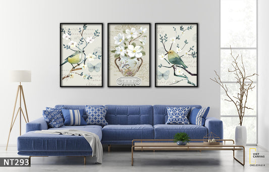 Bộ 3 Tranh Chú Chim Non Trên Cành Hoa Trắng - NT293