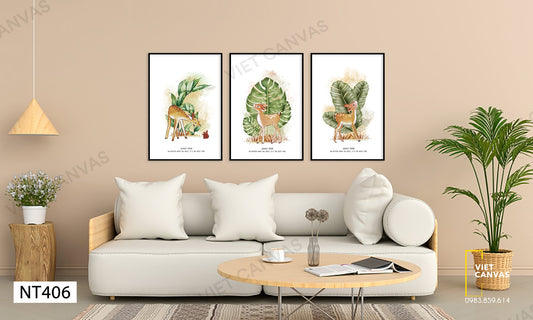 Bộ 3 Tranh Chú Nai Con Ngơ Ngác Bên Lá Cây Xanh - NT406