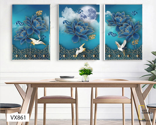 Bộ 3 Tranh Cò Bay Và Bông Súng Dưới Ánh Trăng - VX861