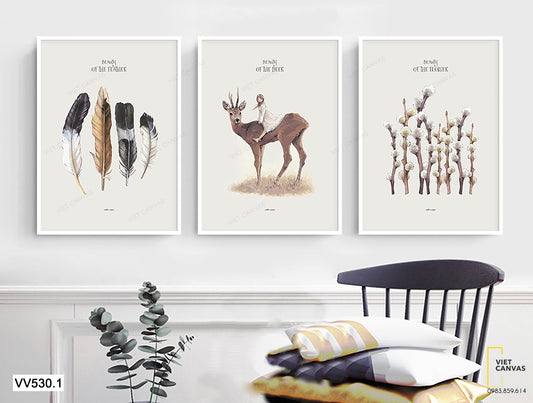 Bộ 3 Tranh Cô Bé Trên Lưng Hươu Và Lông Vũ - VV530.1
