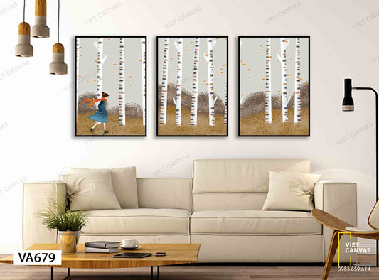 Bộ 3 Tranh Cô Gái Đi Trong Khu Rừng Mùa Đông - VA679