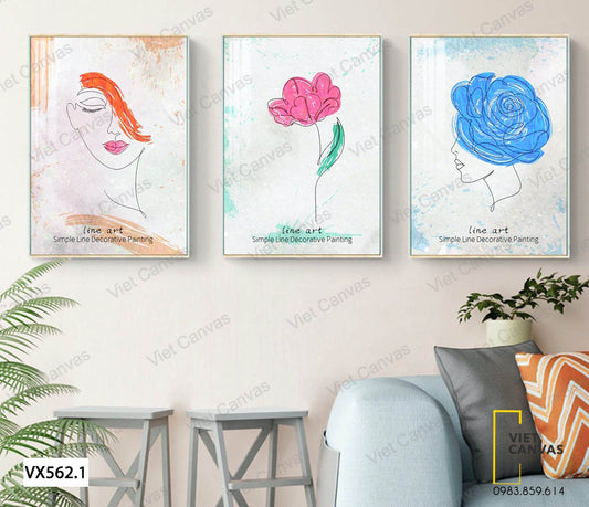 Bộ 3 Tranh Cô Gái Và Bông Hoa - VX562.1