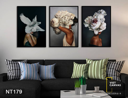 Bộ 3 Tranh Cô Gái, Hoa Và Chim - NT179