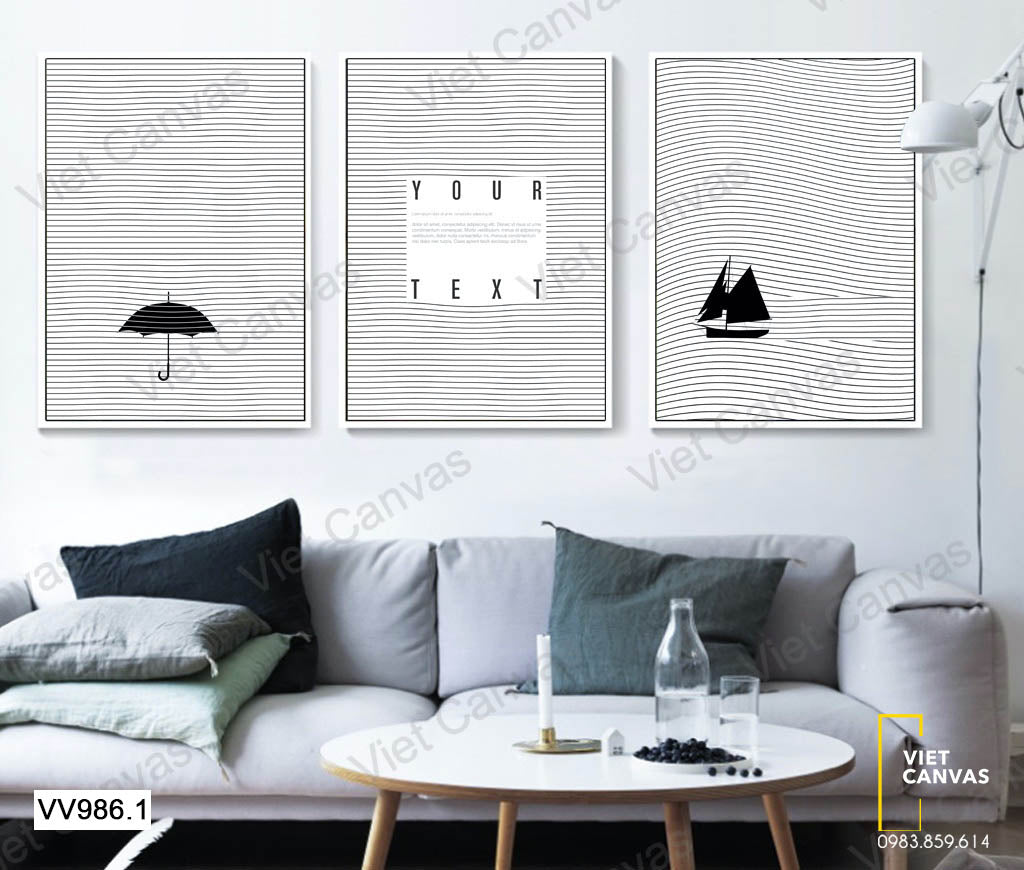 Bộ 3 Tranh Con Thuyền Và Chiếc Ô - VV986.1