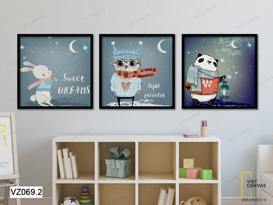 Bộ 3 Tranh Chú Gấu, Cú Mèo Và Bé Thỏ Dễ Thương Trong Đêm Đông - VZ069.2